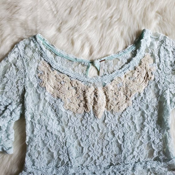 Free People Blue and Cream Lace Peplum Top Size XS - Picture 8 of 16